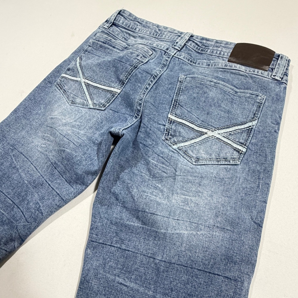 TK Axel Slim Bootcut Jeans Men's 34x32 Blue Distressed Whiskered Denim Raw Hem